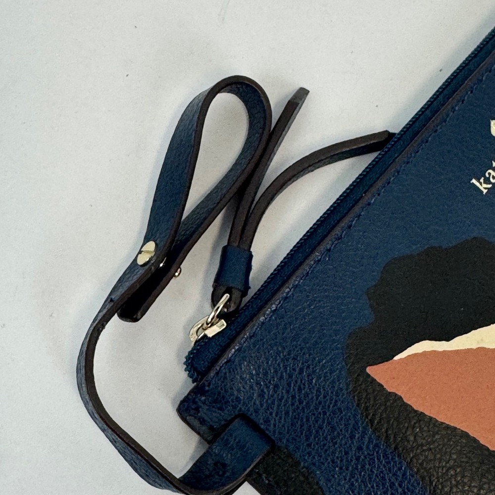 Kate Spade New York Navy Blue Floral Leather Wristlet Pouch Zip Clutch Bag - Picture 7 of 11